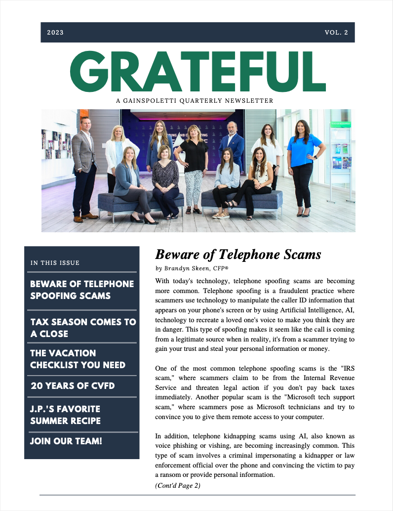 Gainspoletti Financial Services, Financial Advisor, Quarterly Newsletter, Quarter 2